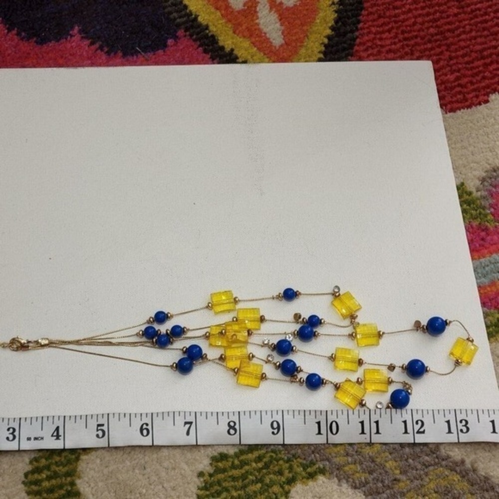 Treska Blue Yellow Multi Strand Layered Statement Necklace Gold Tone Rhinestones - Picture 6 of 6